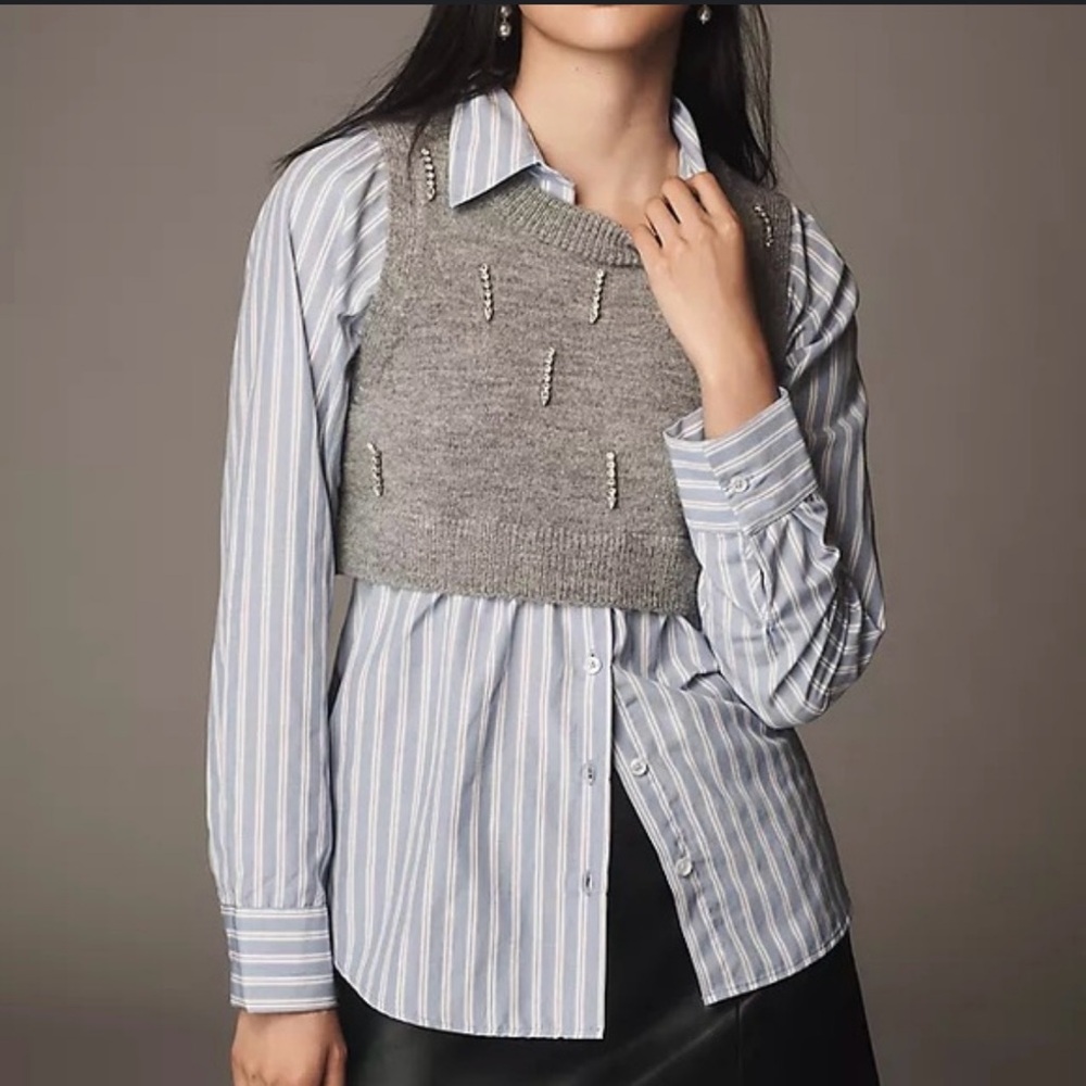 NWT Anthropologie Maeve Gray Knit Vest with Blue Striped Shirt Size S